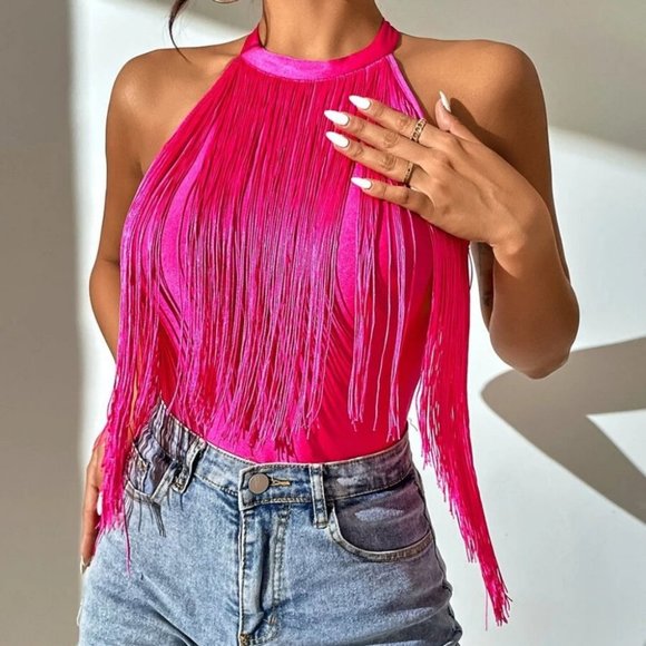 . Tops - Fringe Halter Cami top  Hot Pink